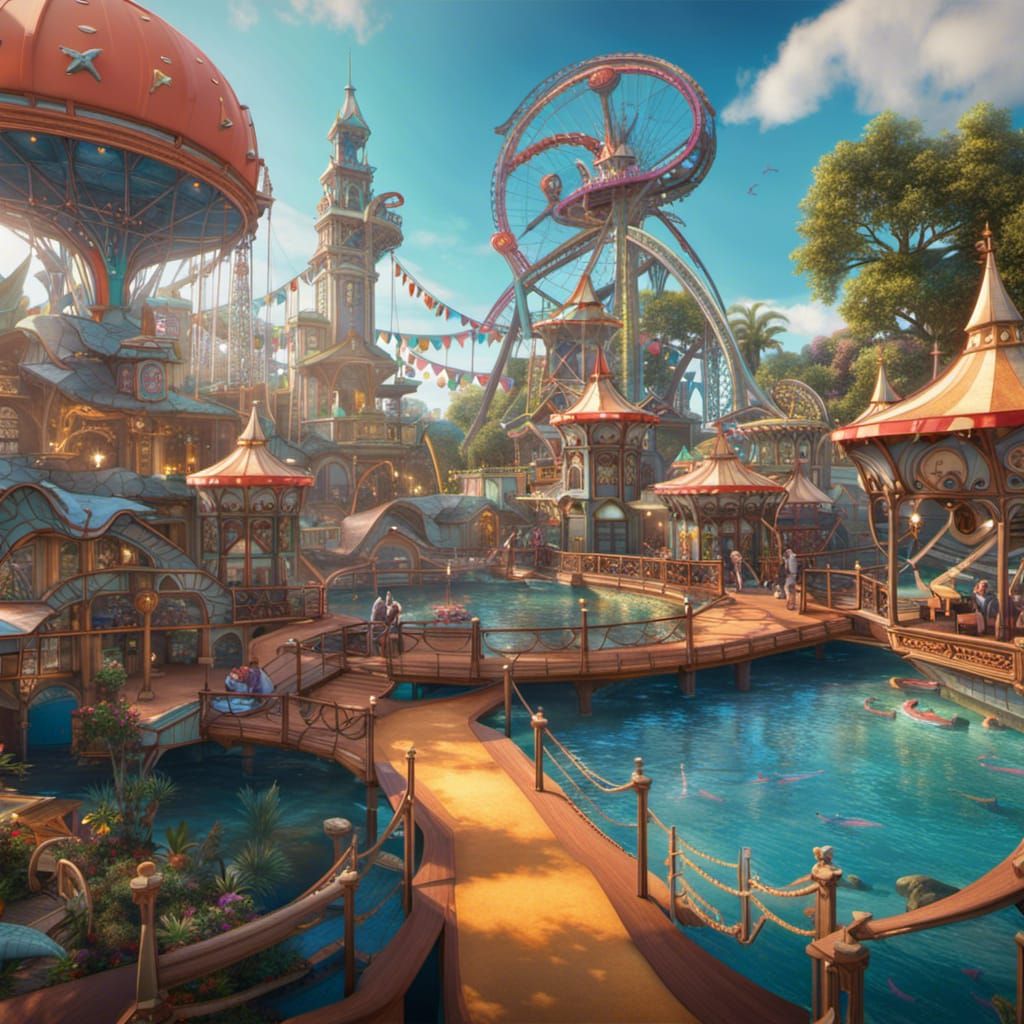 Sea Creatures Visit an Amusement Park: Digital Art