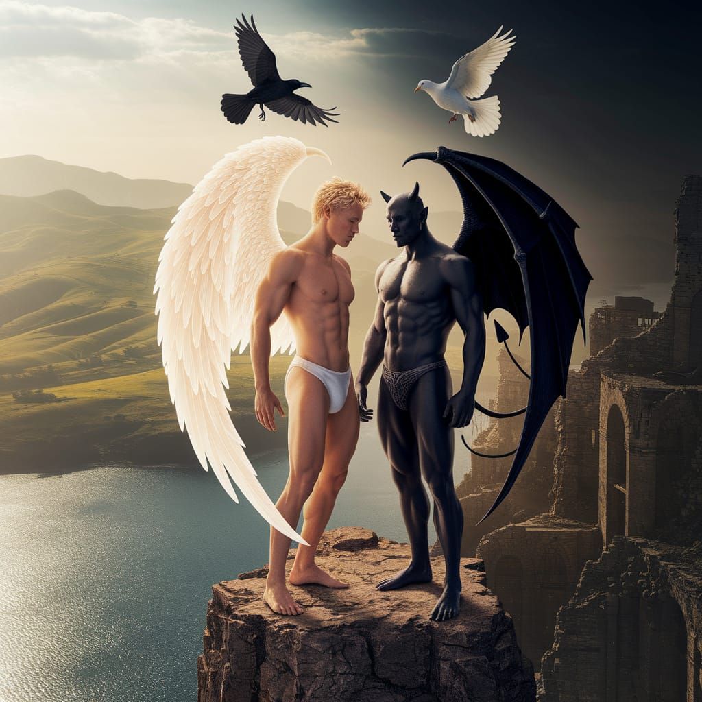 Angelic Man and Dark Demon on Jagged Cliff