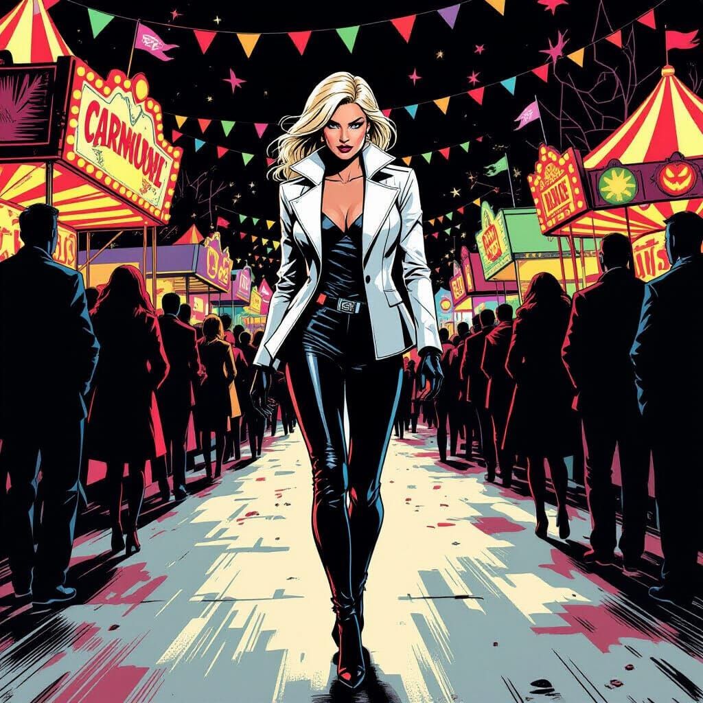 Emma Frost at Chaotic Halloween Carnival in Comic Art Style