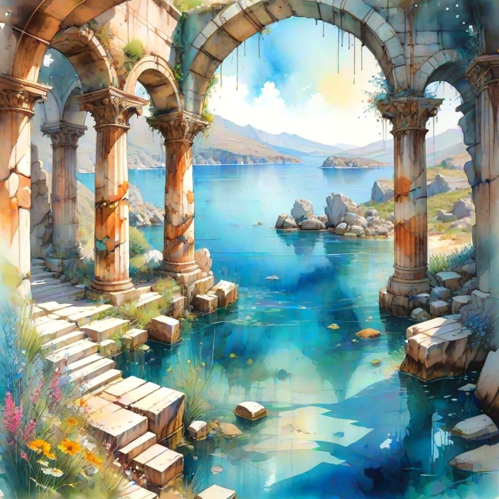 Lycian Ruins by the Sea: a Carne Griffiths Watercolour