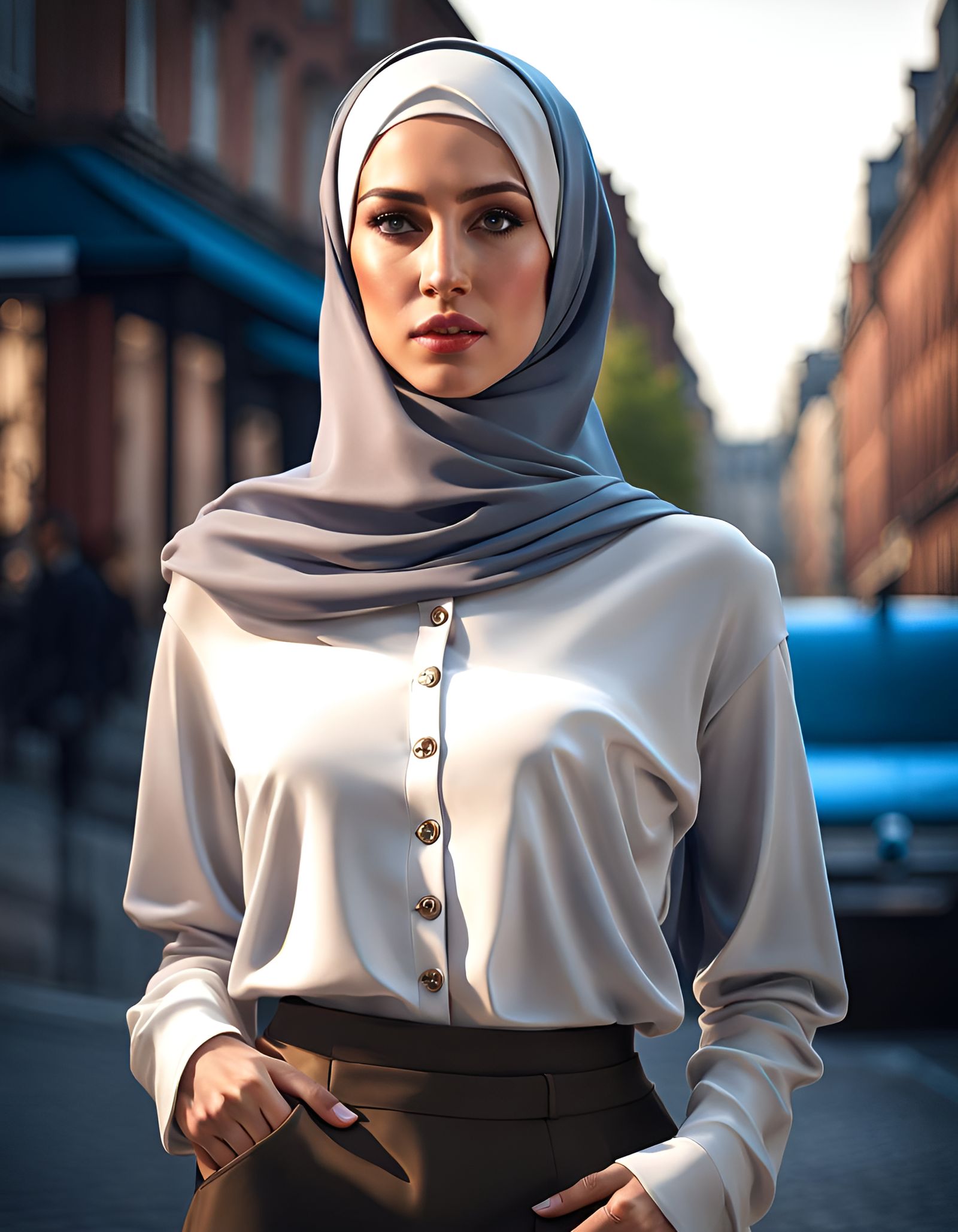 Modest Woman in Cityscape: Ultra-Realistic Digital Art