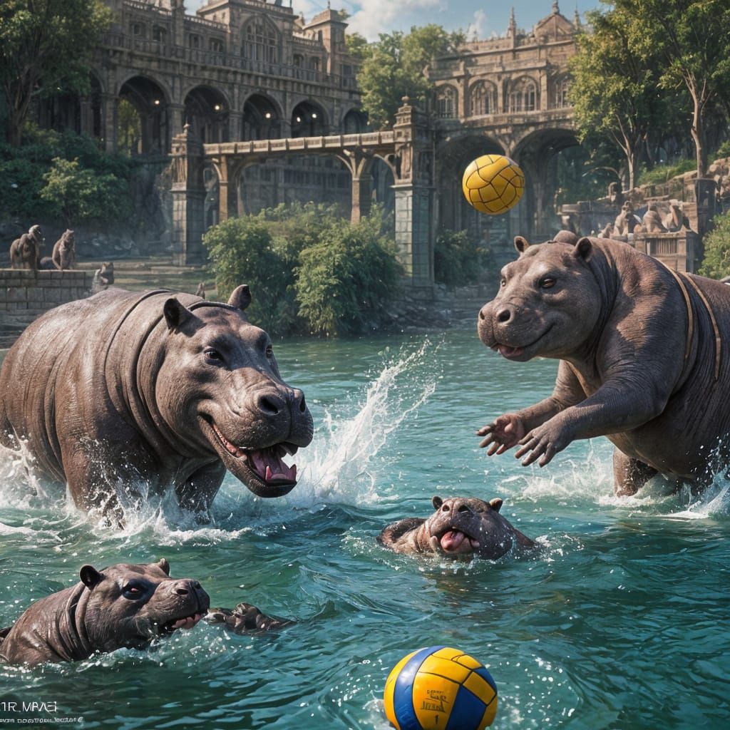 Hippo and Raccoon Water Polo in Detailed Matte Painting