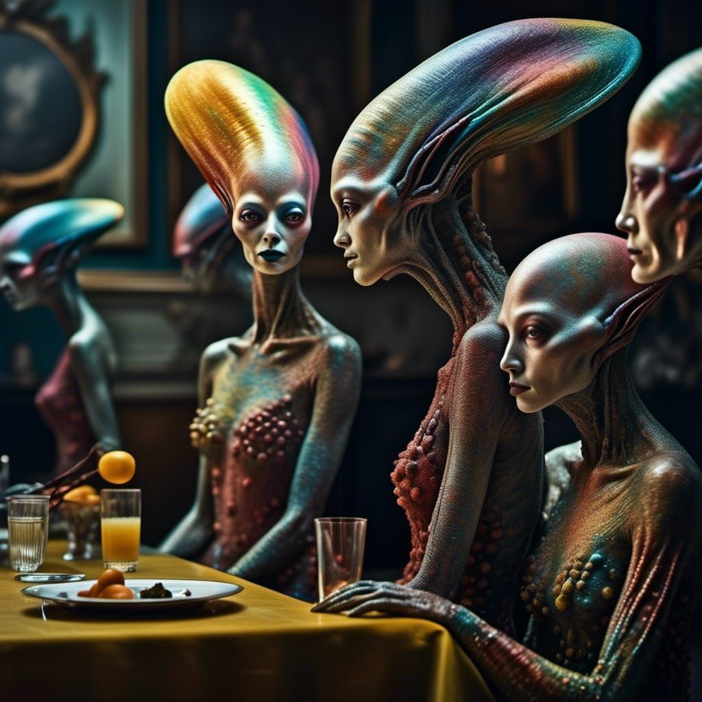 Polychromatic Alien Dinner Party in Hyperrealism
