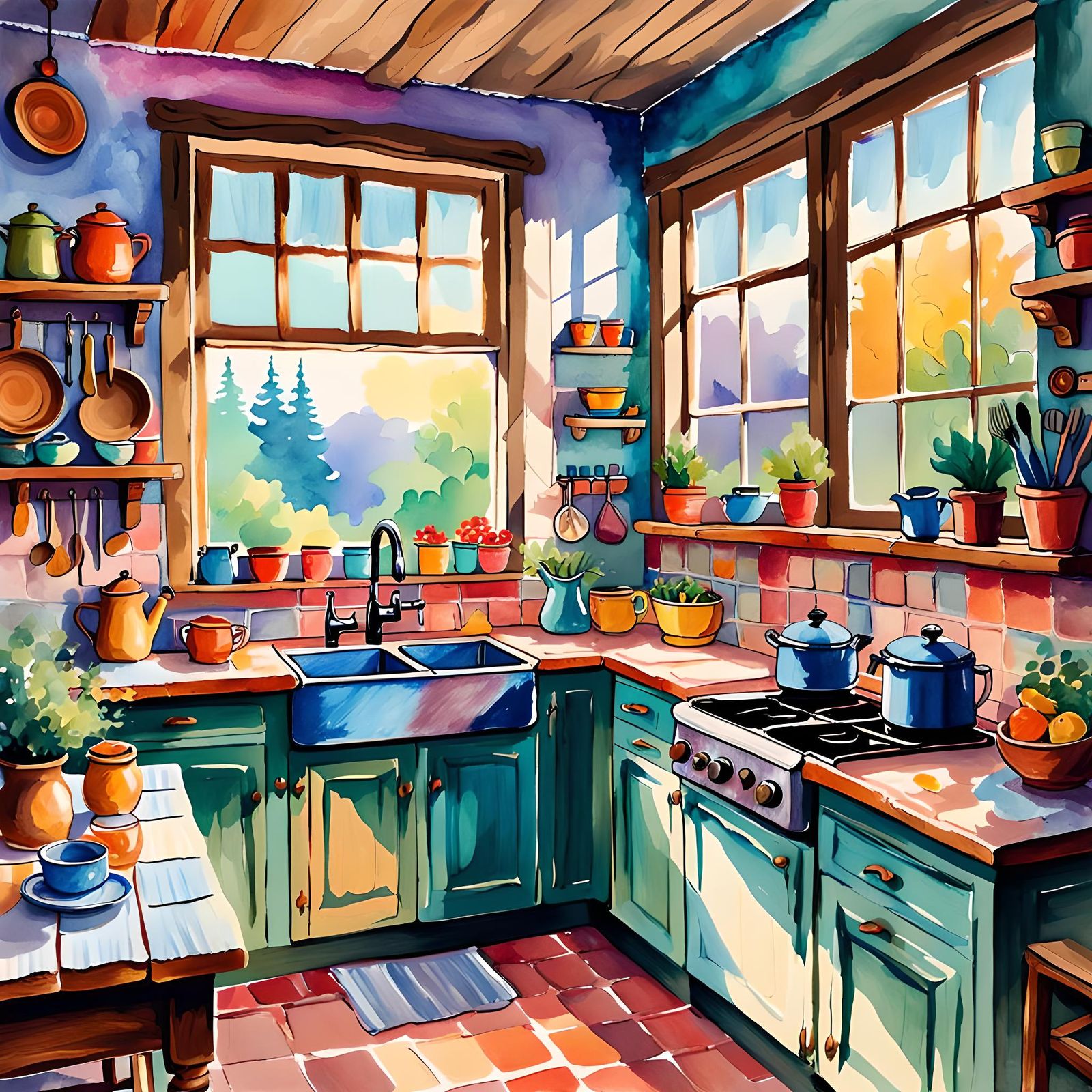 Cute Rustic Kitchen in Gouache and Watercolor Style