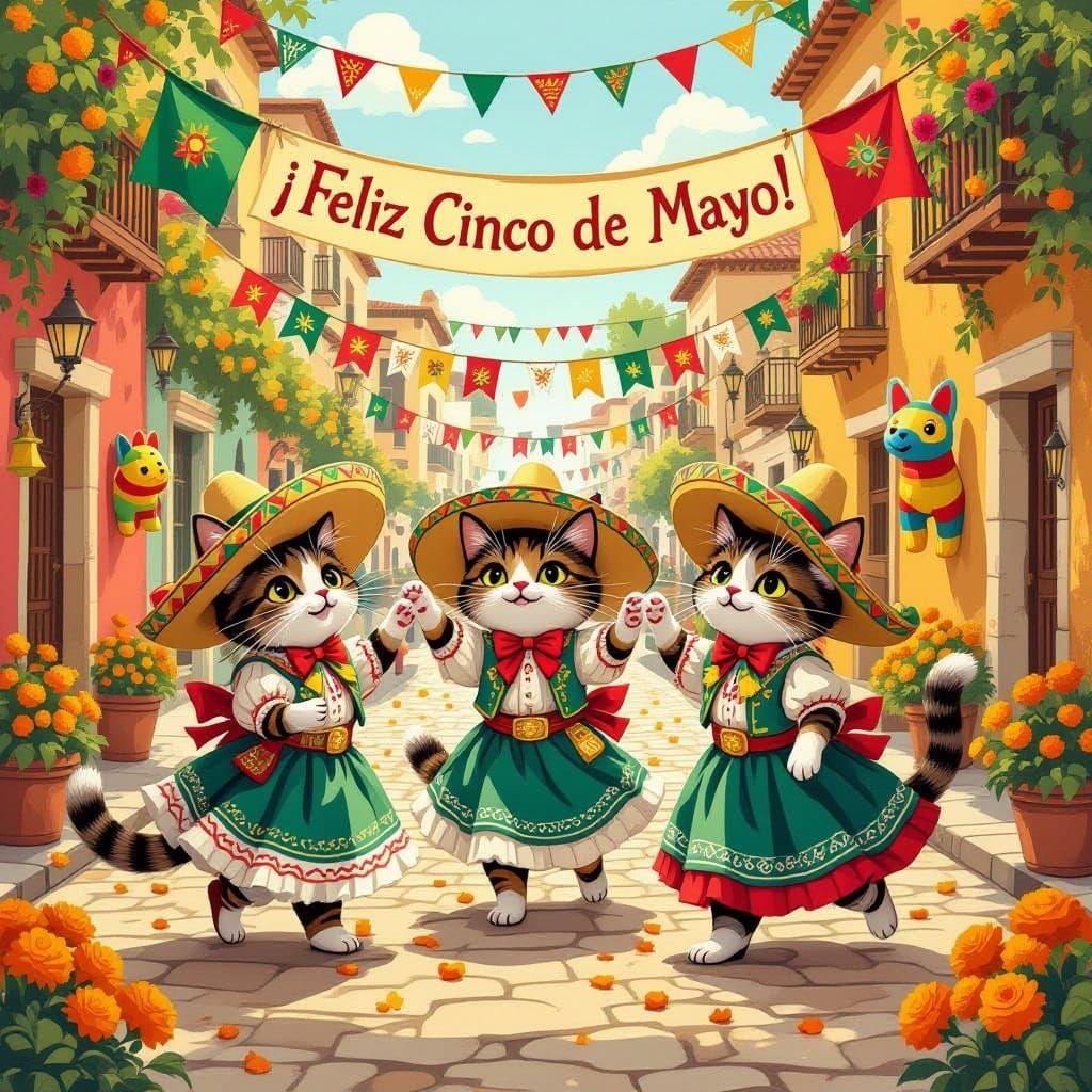 Whimsical Cats Celebrate Cinco De Mayo in Vintage Fiesta Sty...