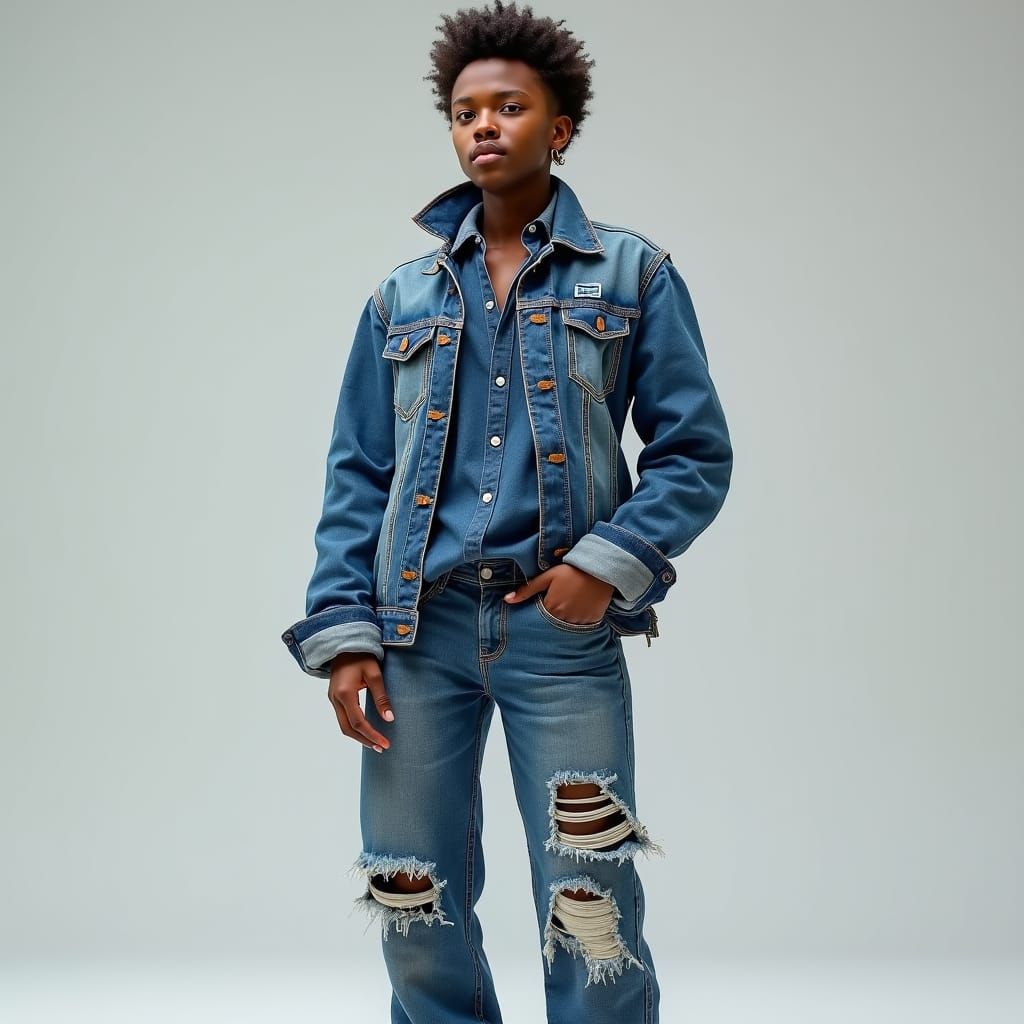 Stylish Denim Outfit with Varied Washes and Textures
