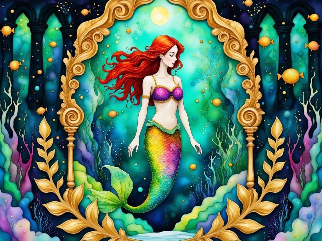 Whimsical Mermaid Enters Underwater Castle in Vibrant, Dream...
