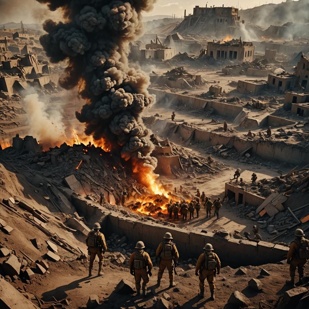 Dramatic War Scene with Soldiers in Bomb Crater