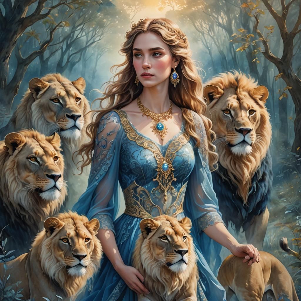 Fantasy Woman with Lions in Mystical Forest