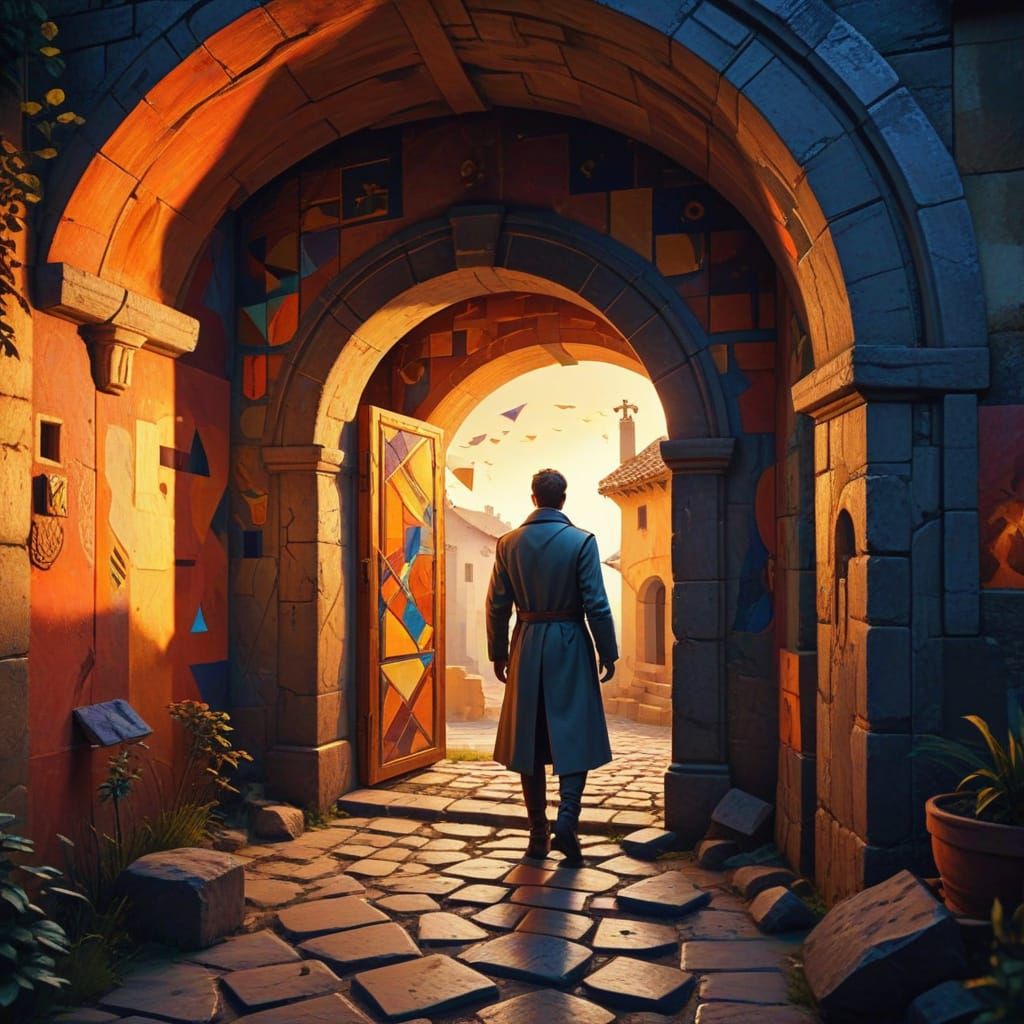 Scientist's Portal in Medieval Village: Cubist Painting