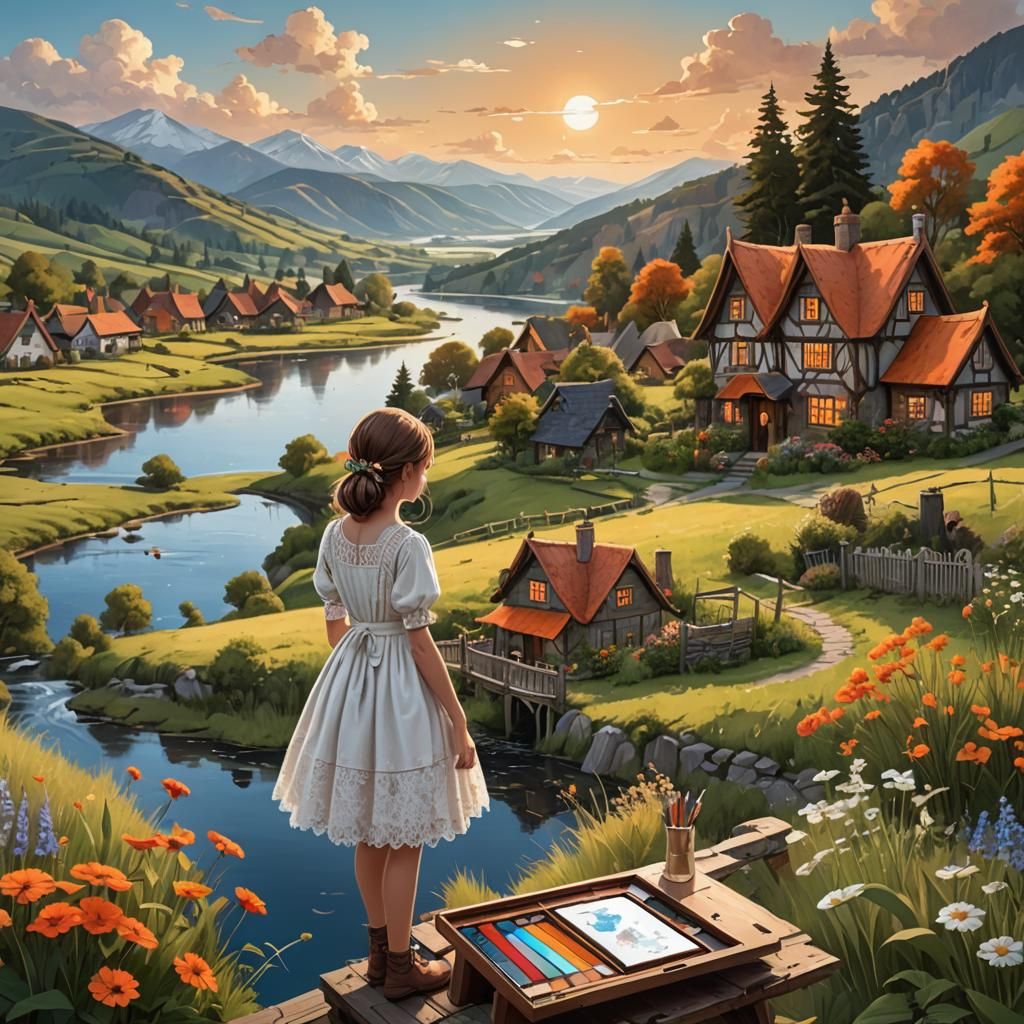 Girl Artist Paints Picturesque Cottages: Fantasy Concept Art