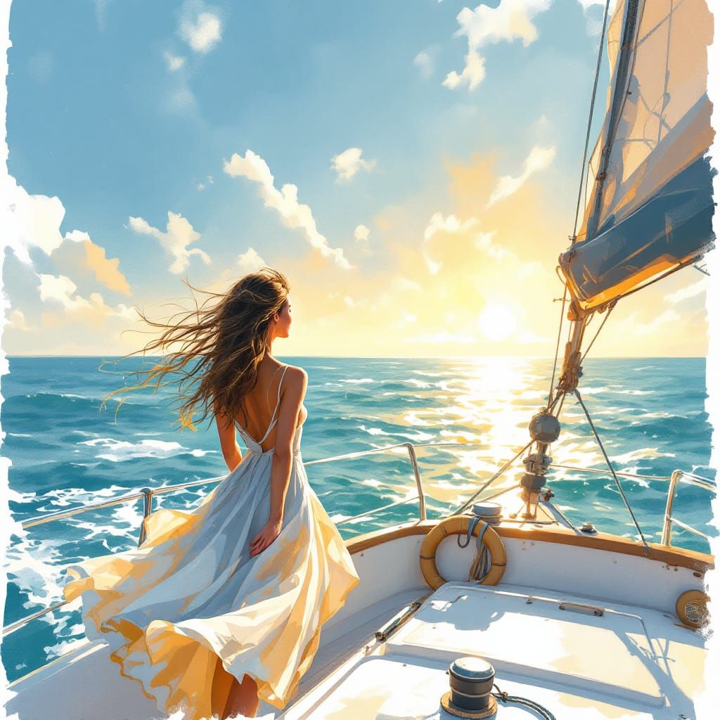 Woman Gazes from Yacht Deck in Watercolor Style