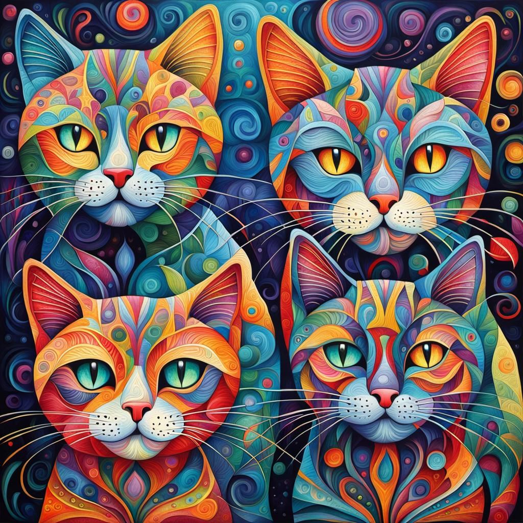 Abstract Cats in Intricate Triadic Colors