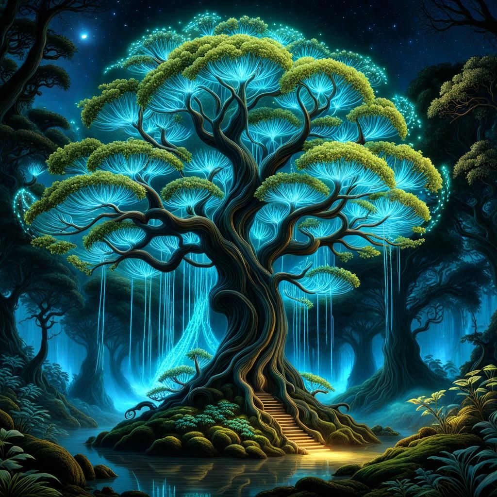 Ethereal Bioluminescent Tree with Fairies in Forest