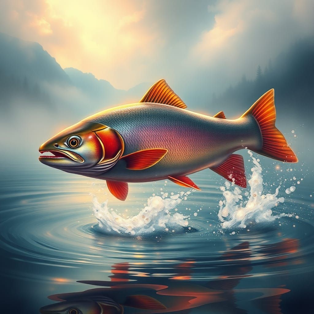Mystical Salmon Leaping in Dreamlike Lake