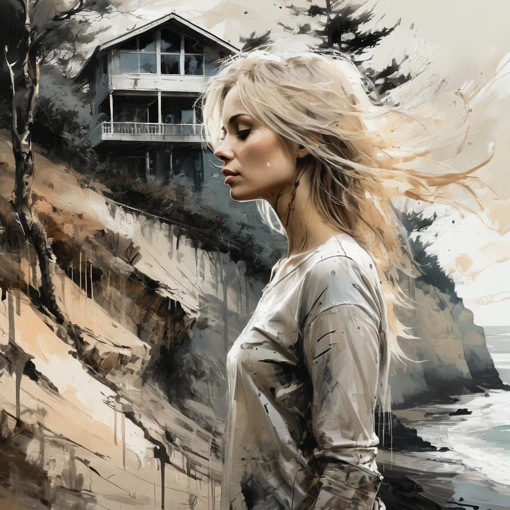 Baltic Sea Cliffside Woman in Pastel Ink Style