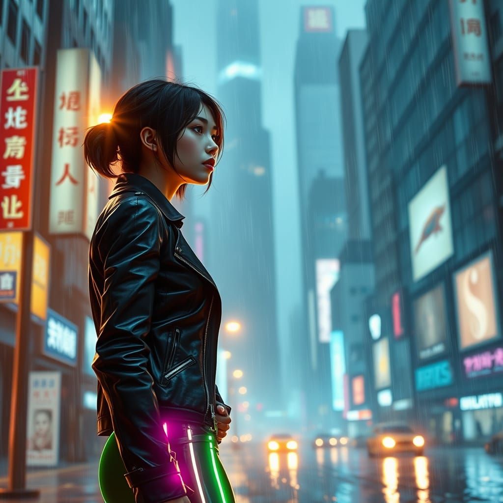 Cyberpunk Cityscape with Asian Female Protagonist at Dusk