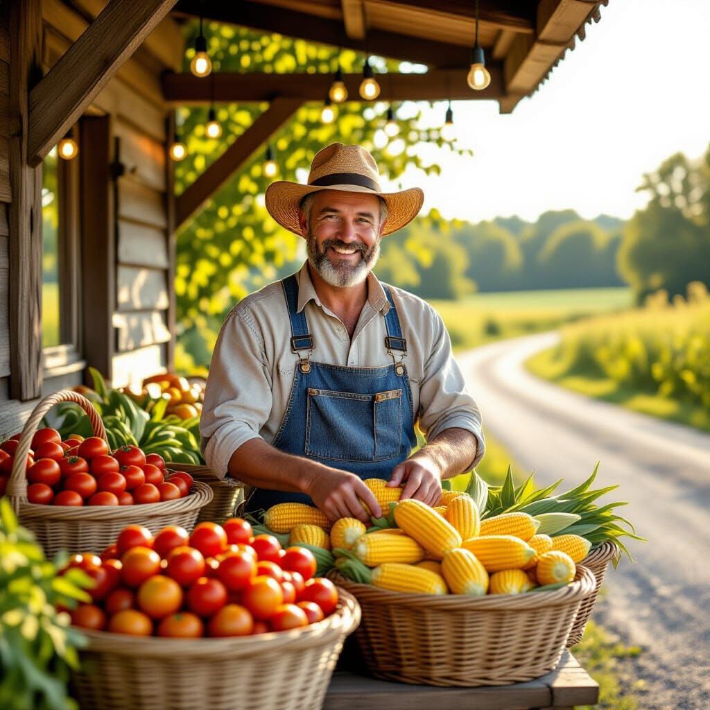 Rustic Farmstand Scene Inspired by Wyeth and Rothko