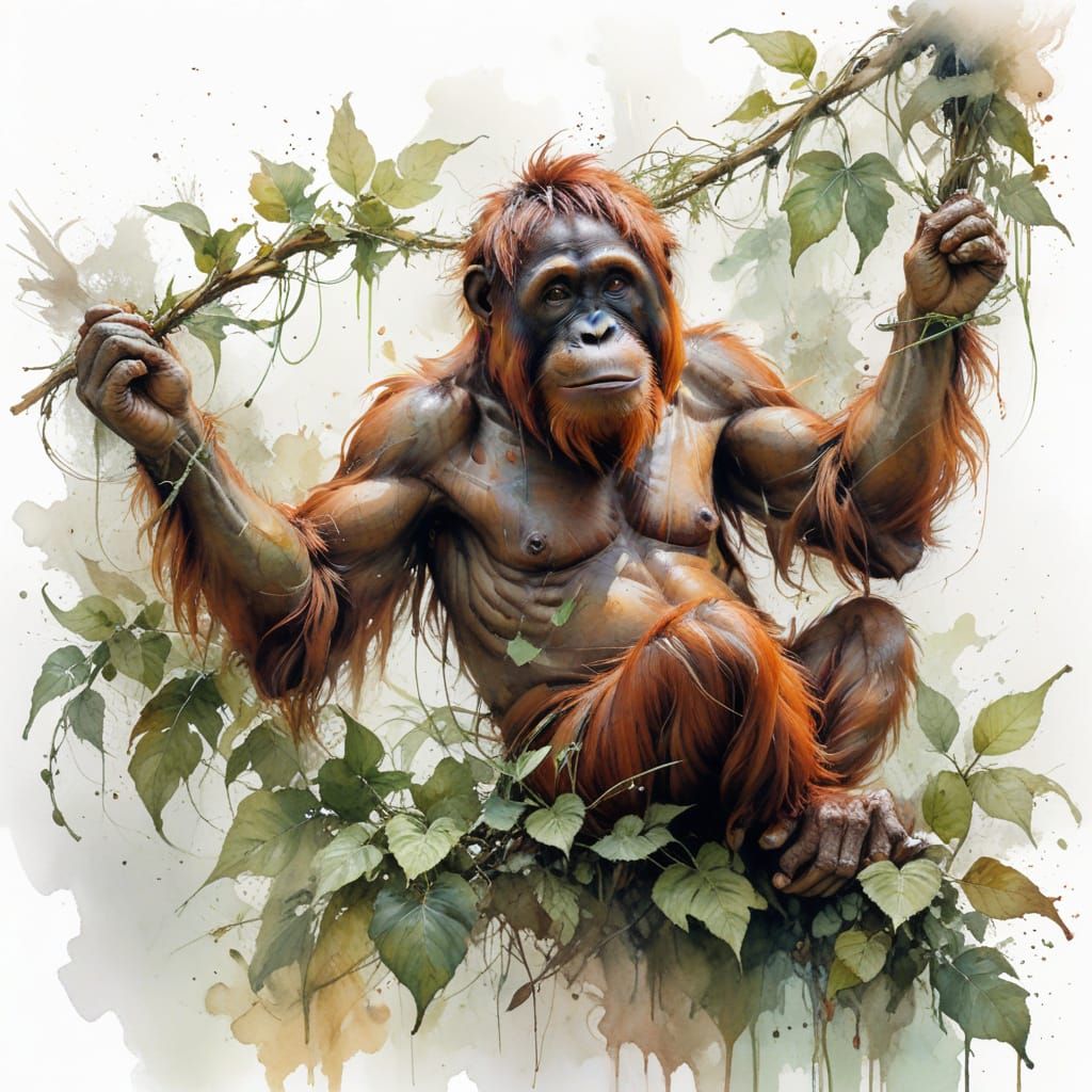 Orangutan Hanging From Vine in Watercolour
