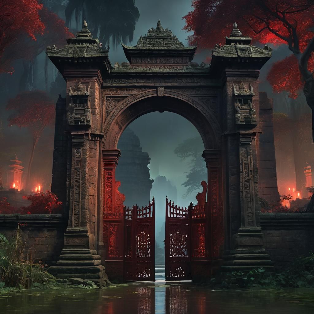 Bioluminescent Gate to Shangri La in Impressionist Style