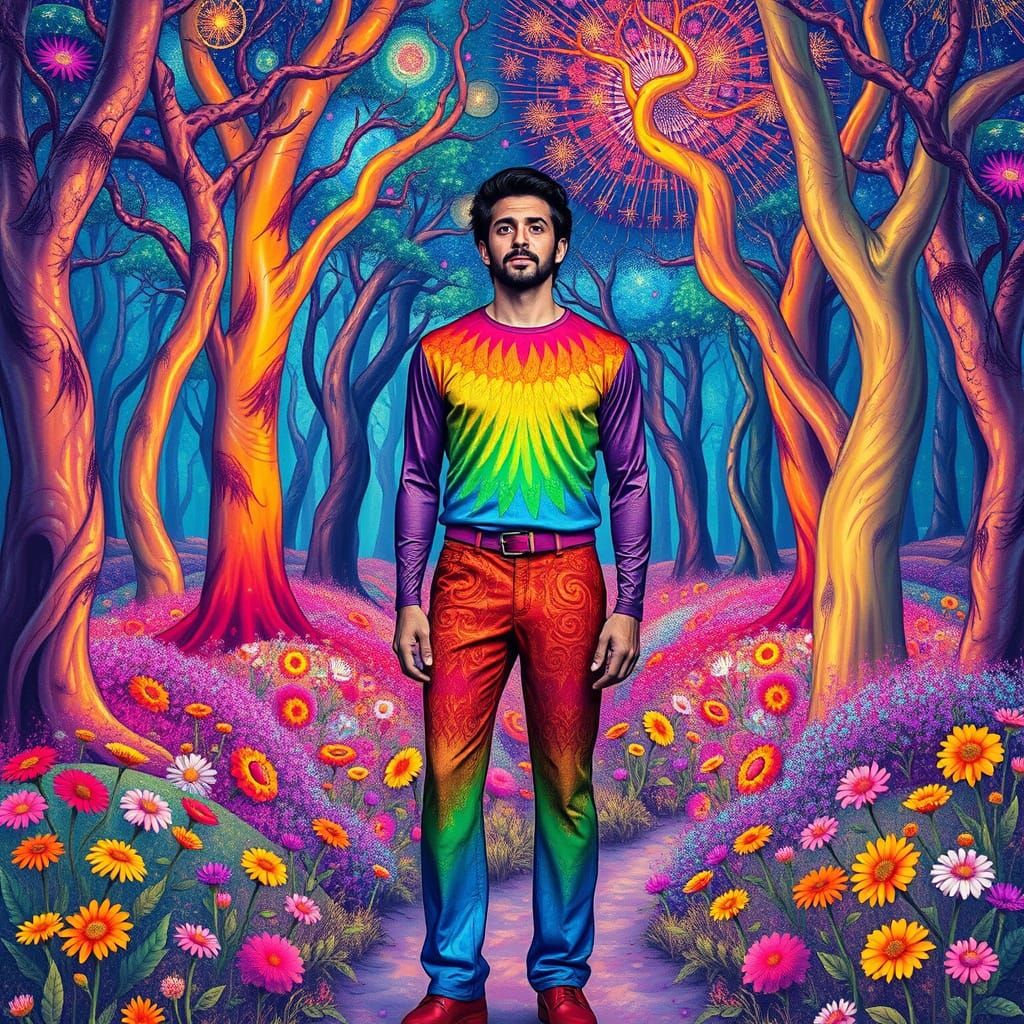 Rainbow Man in a Psychedelic Forest, Surreal Art