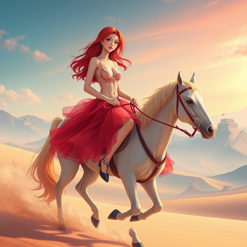 Anime Woman Rides Horse Through Pastel Desert