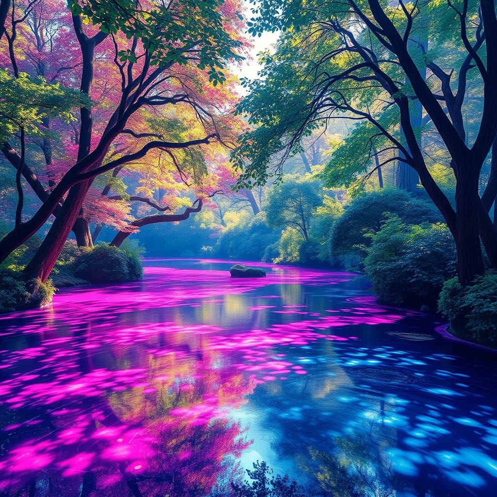 Dreamy River Landscape in Vibrant Pink, Purple, and Blue