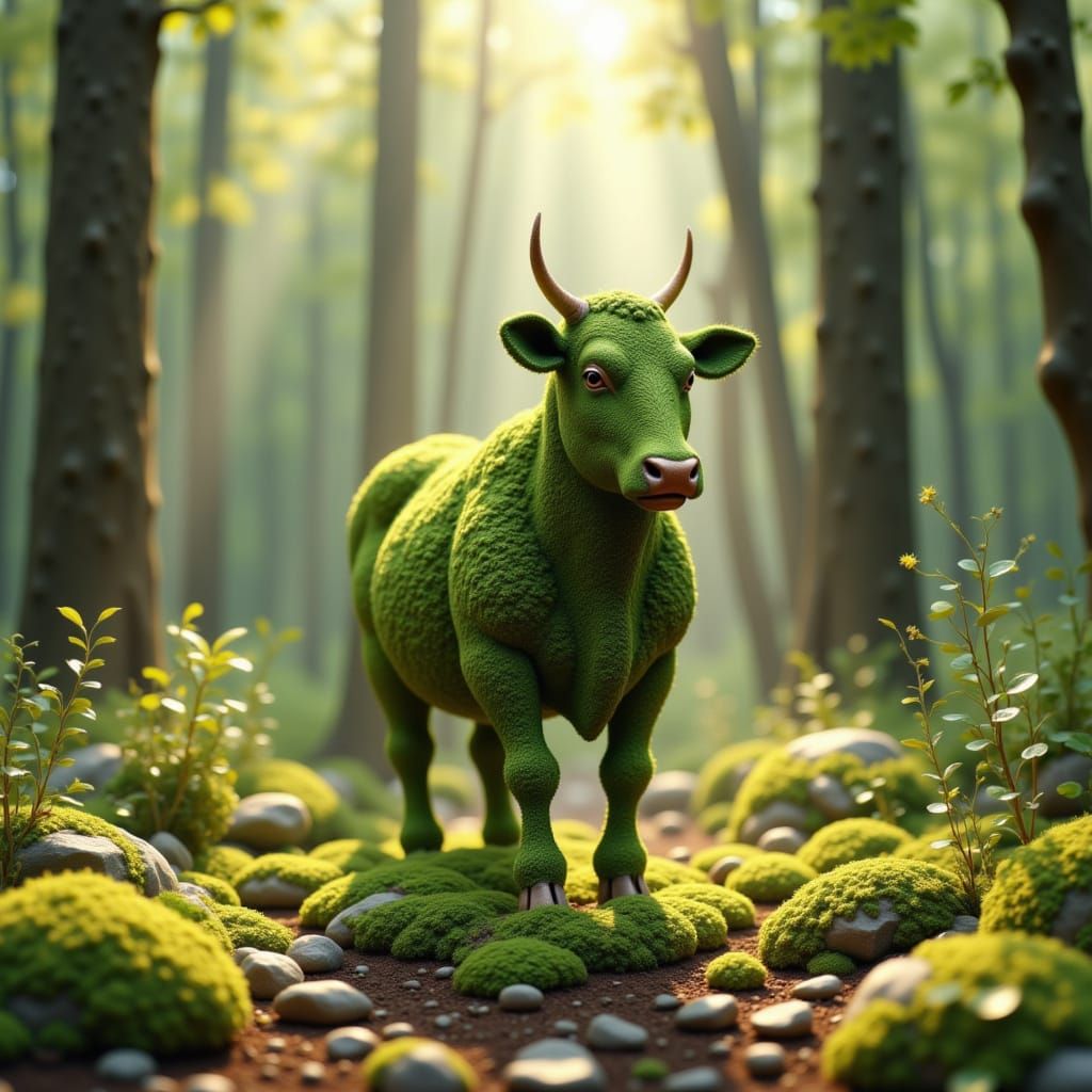 Moss Cow in Sun-Dappled Forest Clearing
