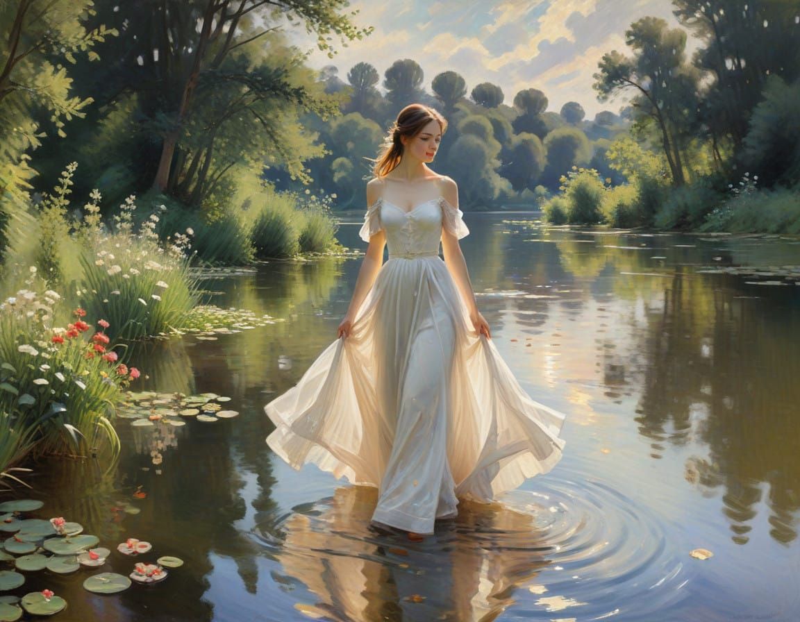 Serene Lake Evening in Impressionist Style