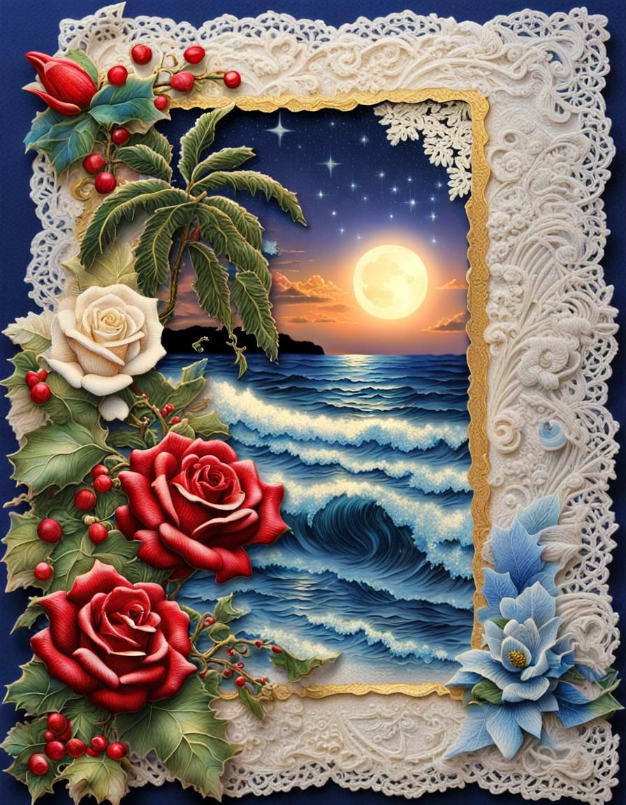 Tropical Beach at Moonlit Starry Night Scrapbook