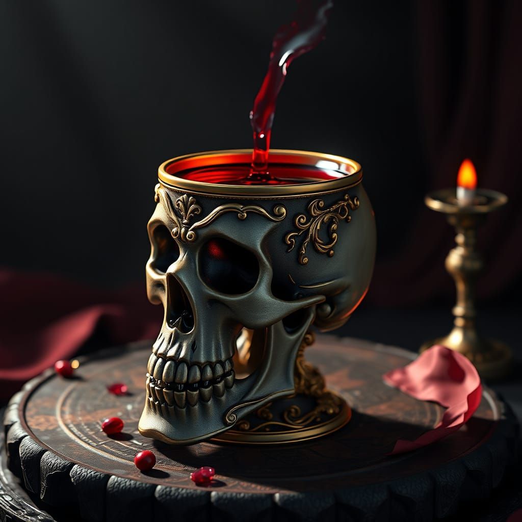 Epic 3D Skull and Cup with Wine in Dark Fantasy Style