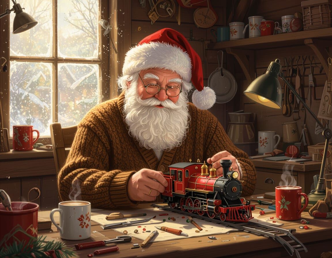 Santa Claus Repairs Vintage Toy Train in Cozy Workshop