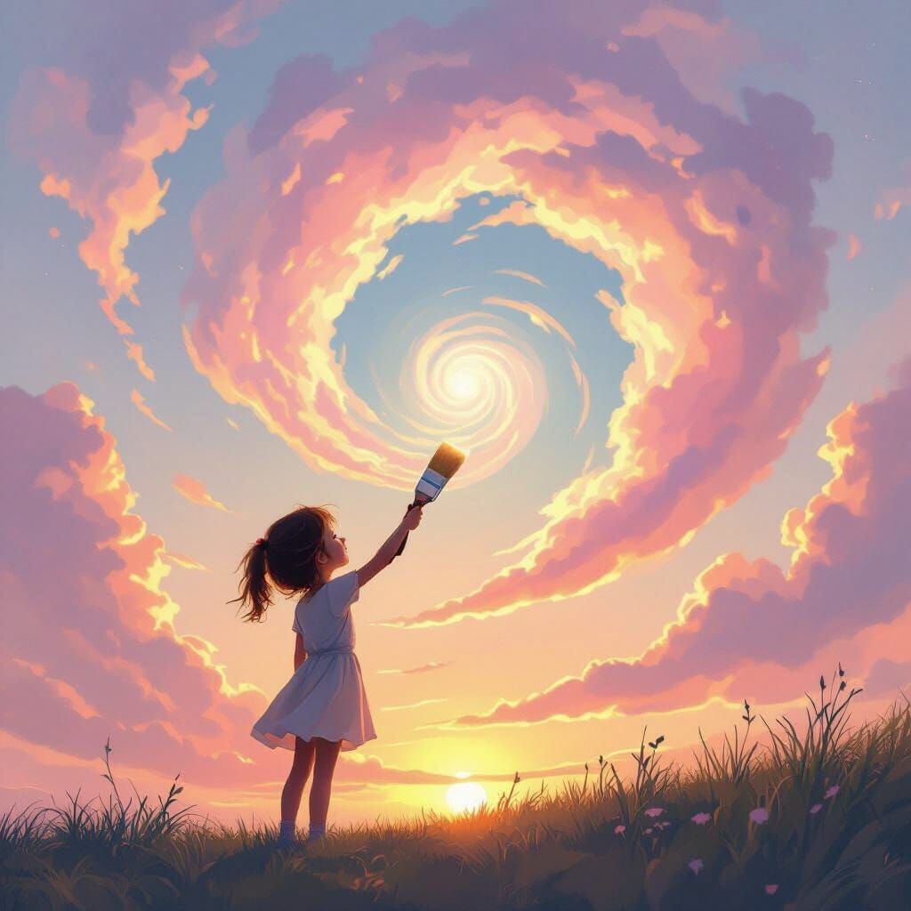 Girl Creates Pastel Cloud Vortex at Sunset