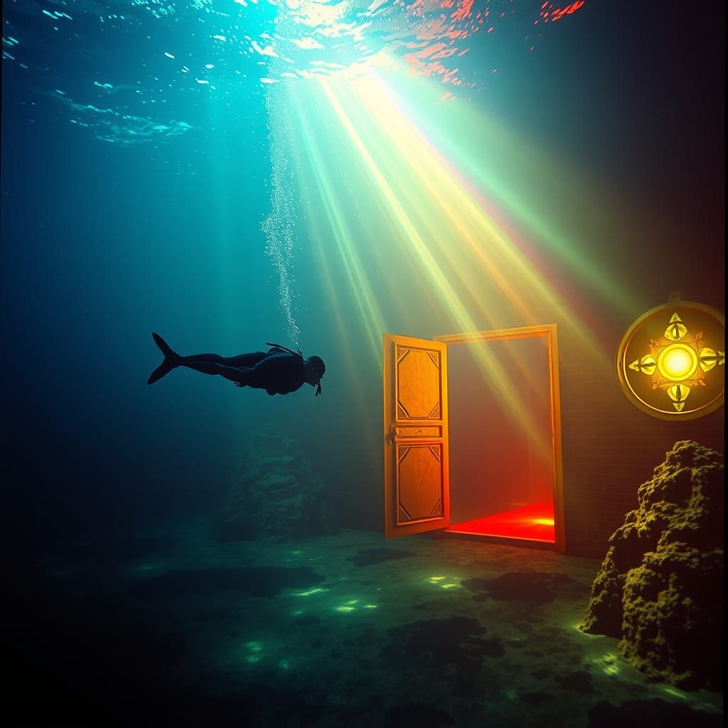 Rainbow Lit Underwater Scene with Golden Doorway