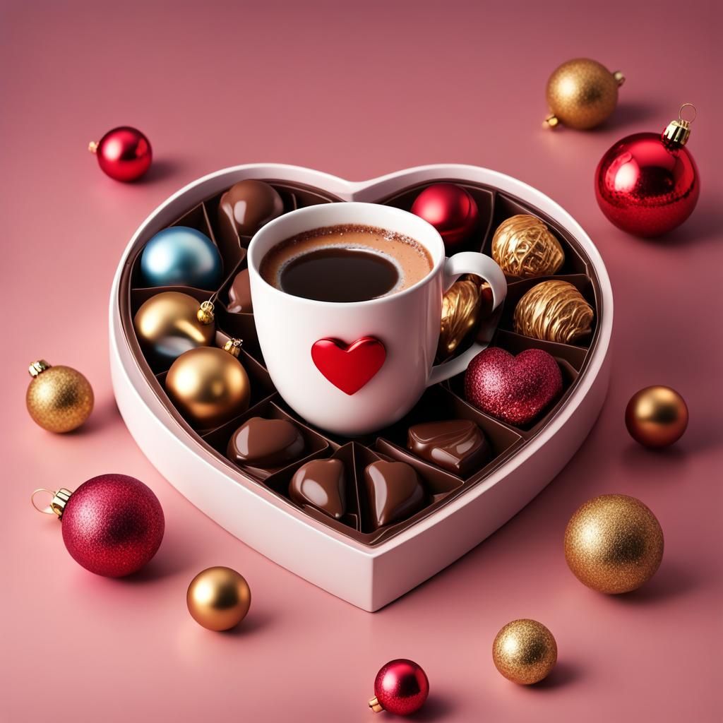 Heart Chocolate Box with Coffee and Christmas Ornaments