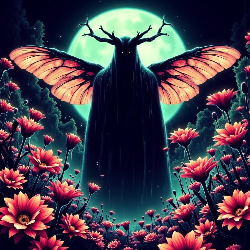 mothman blurred bright vaporwave blur blacked out face, full length portrait night garden glitch grainy retro cassette f...