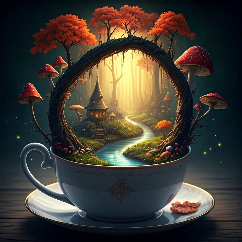Fantasy World in Teacup: Dreamlike Digital Illustration