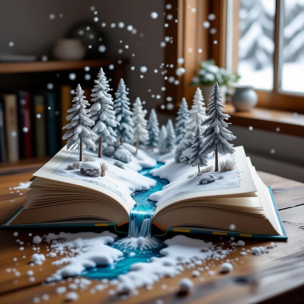 Winter Forest Popup Book Scene on Desk