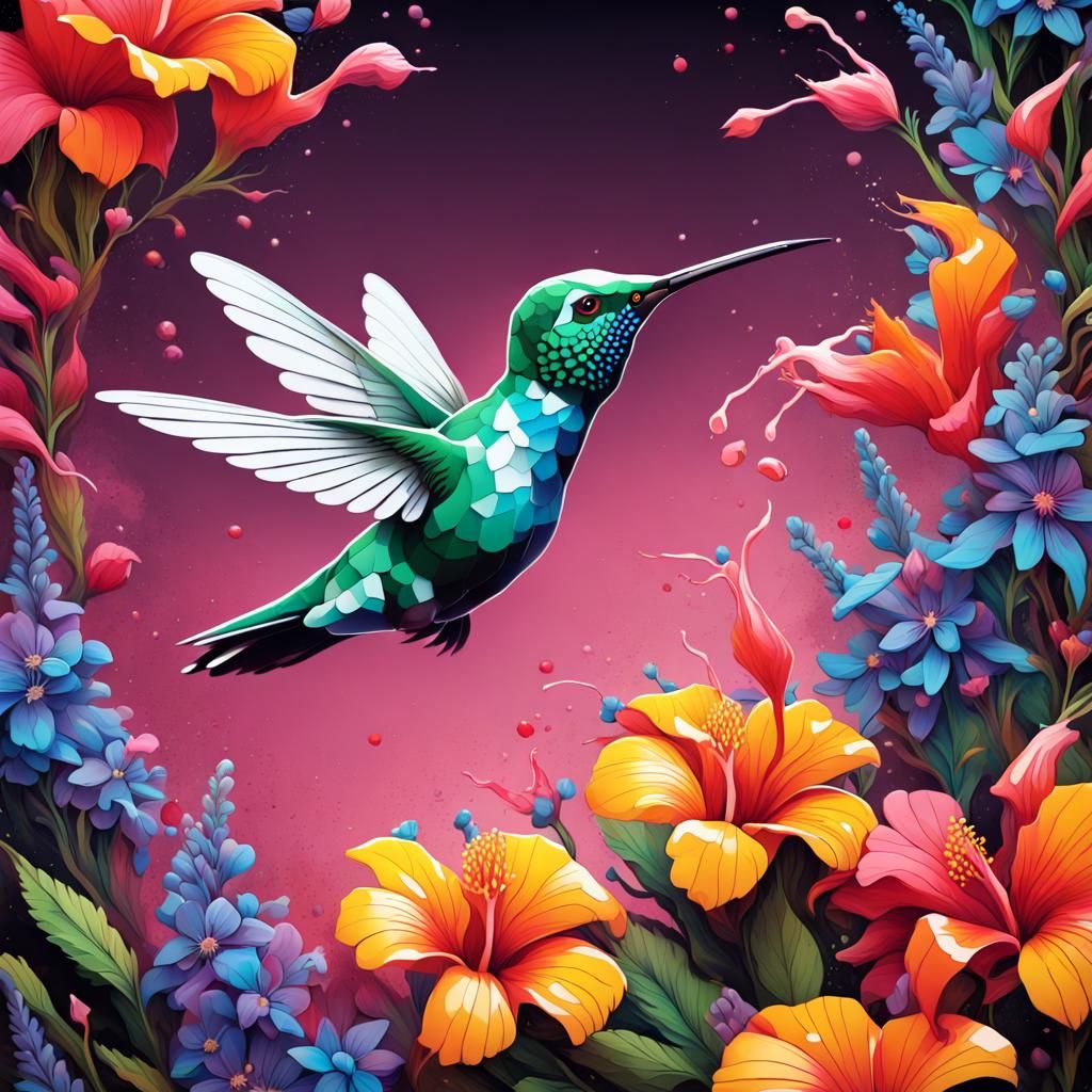 Hummingbird in Flight: Colorful Graffiti Line Art