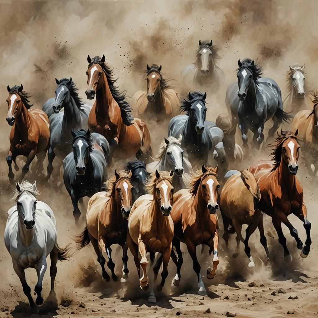Herd of Horses Galloping in Abstract Style