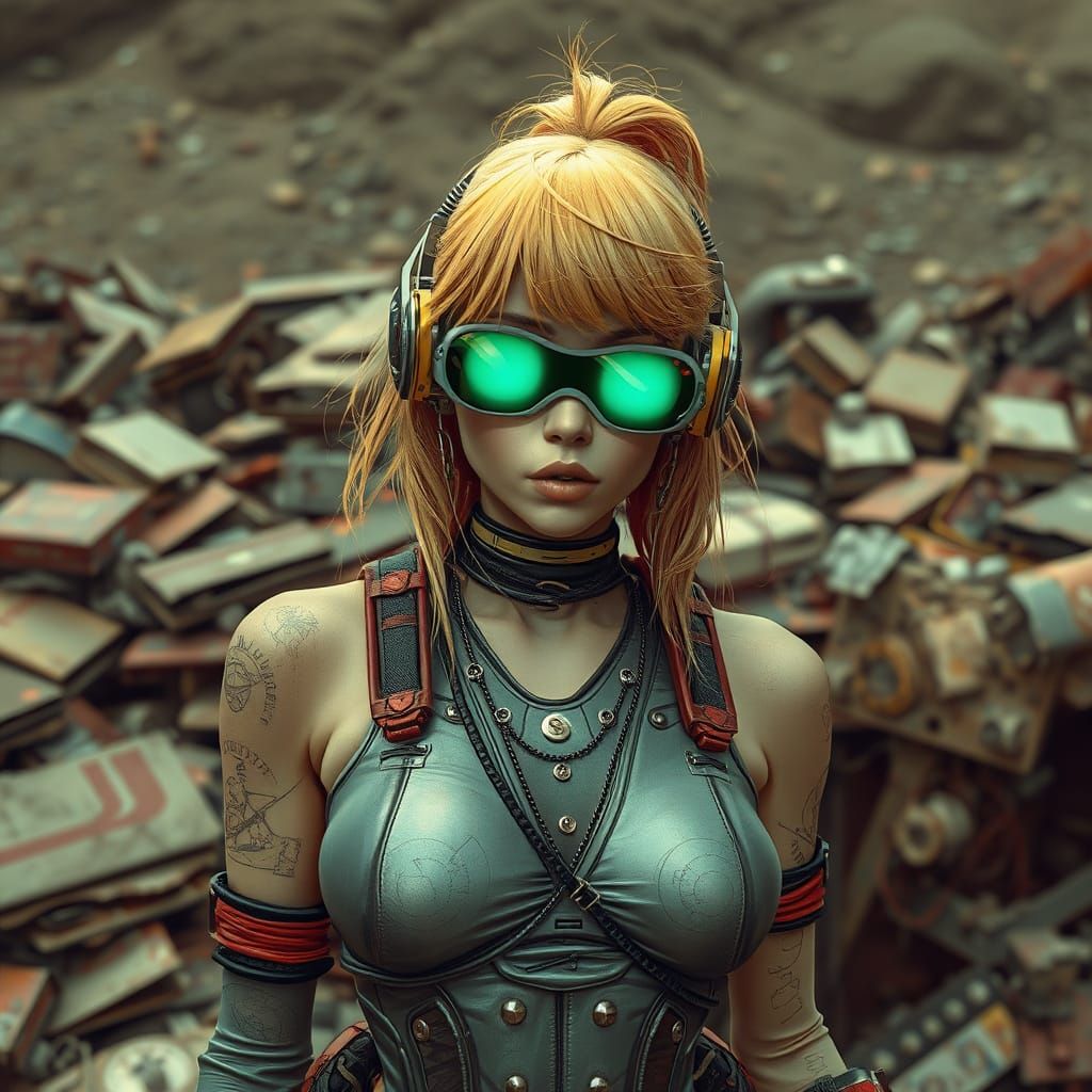 Retro Futuristic Junk-Punk Woman in Junkyard
