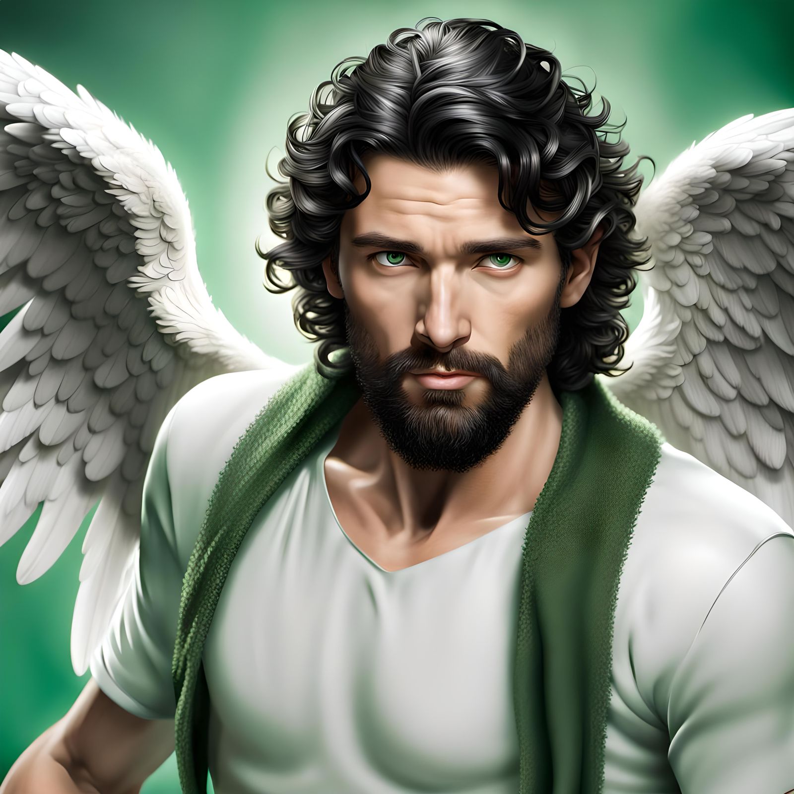 Male Angel with Green Eyes and Afraid Expression