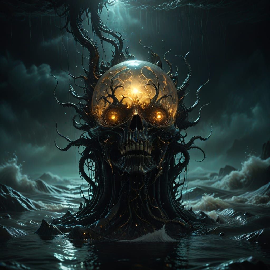 Biomechanical Glass Sarcophagus Adrift in a Dark, Gritty Sea