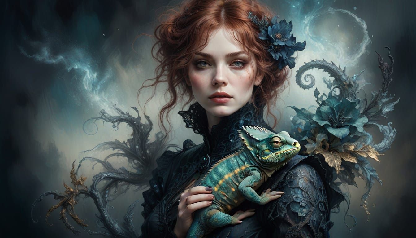 Woman and Chameleon in Surreal Gothic Fantasy Art
