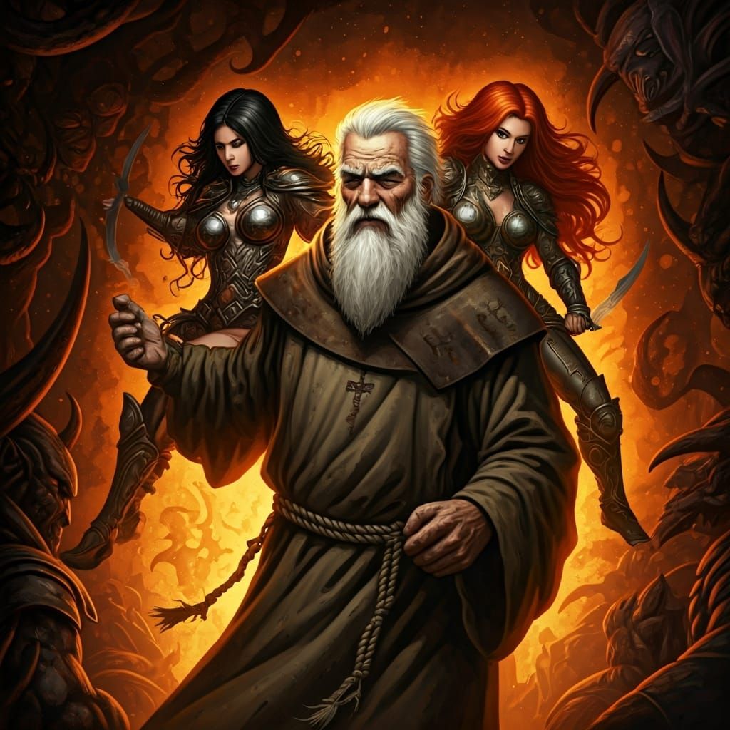 Monk's Rescue by Female Warriors in Comic Book Style