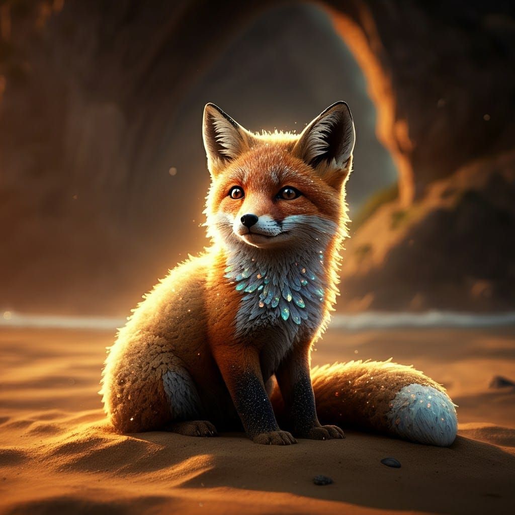 Sand Sculpture of Baby Fox at Sunset