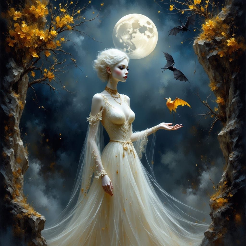 Gothic Albino Vampire with Bat, Dreamy Impressionist Style