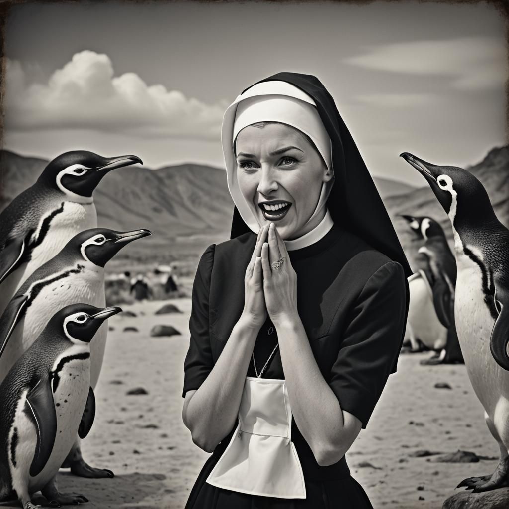 Surreal Vintage Photograph: Nun and Penguin