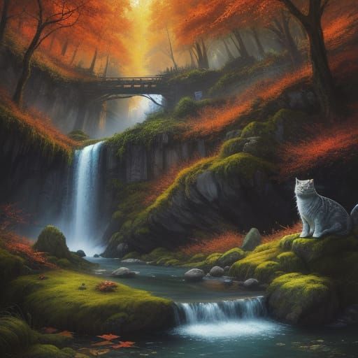 Majestic Cats Before Autumn Waterfall in Fantasy Art Style