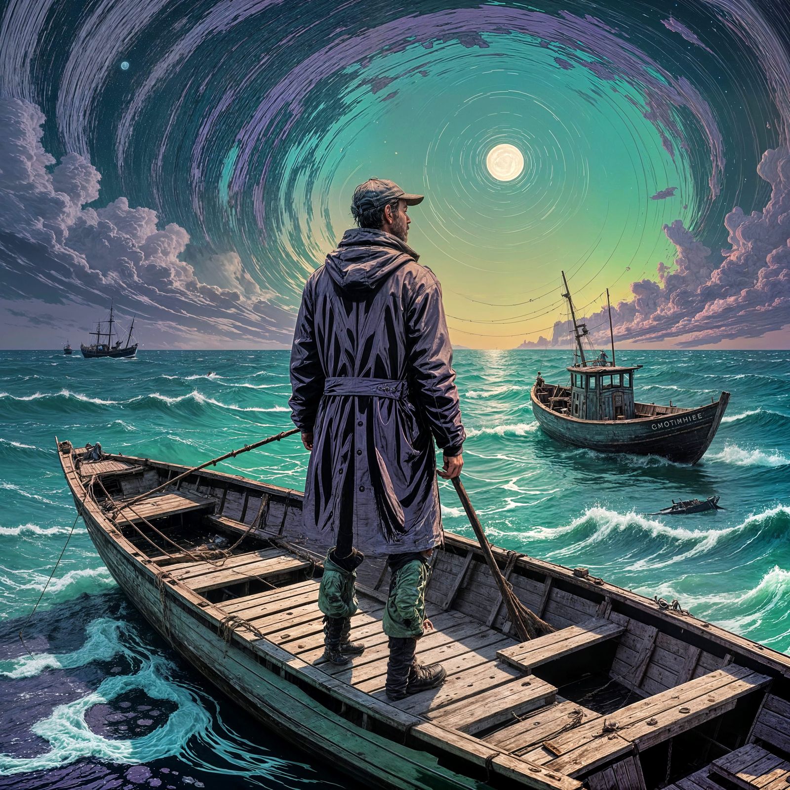 Fisherman on Decaying Boat in Phosphorescent Sea